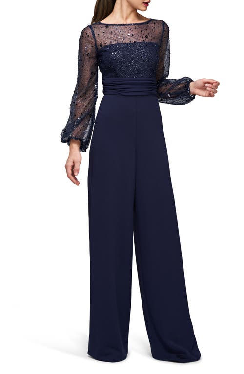 Js Collections Raelynn Embellished Long Sleeve Wide Leg Jumpsuit In Deep Navy