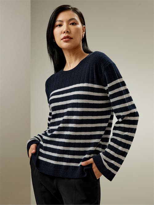 Shop Lilysilk Drop-shoulder Striped Cashmere Sweater In Blue And White Stripes