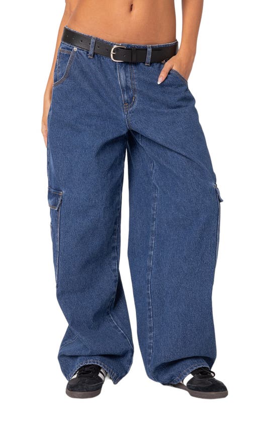 Shop Edikted Low Rise Baggy Belted Cargo Jeans In Blue-washed