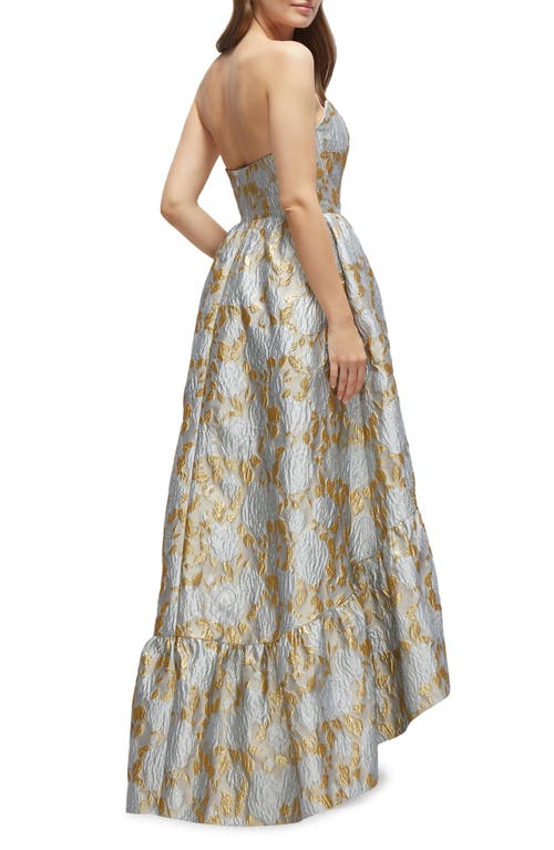 Dessy Collection Floral Brocade Strapless High-low Gown In Winter Mist