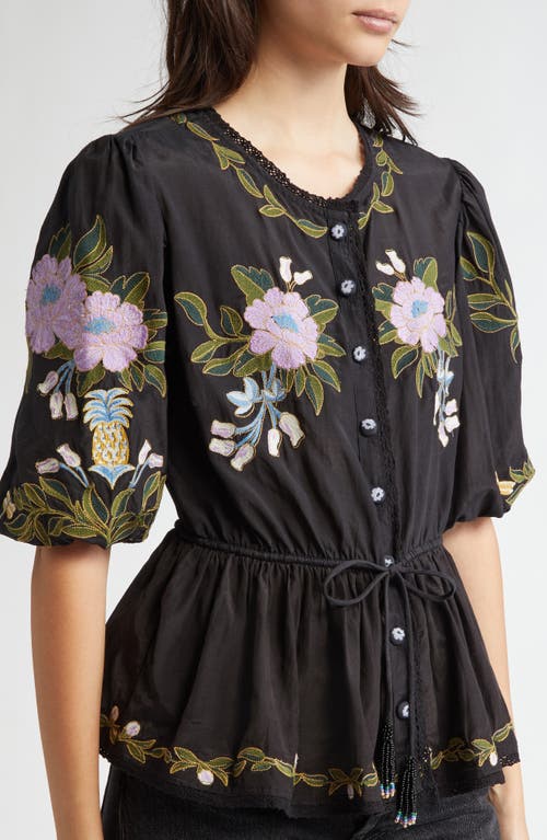 Shop Farm Rio Floral Embroidered Button-up Top In Winter Garden Black