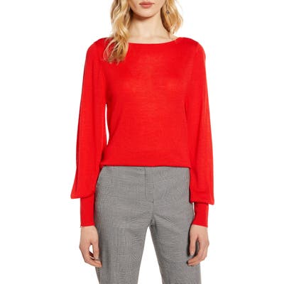 Halogen Bishop Sleeve Merino Wool Blend Sweater, Red