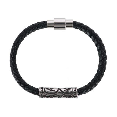 Shop Trafalgar Loose Fit Silver Filigree Pattern On Black Leather Bracelet