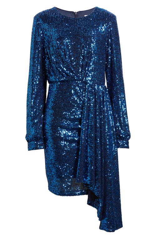 Sequin Long Sleeve Drape Cocktail Minidress in Sapphire