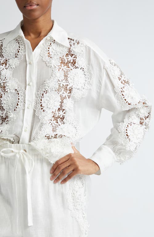 Shop Zimmermann Halliday Floral Lace Semisheer Ramie Button-up Shirt In Ivory