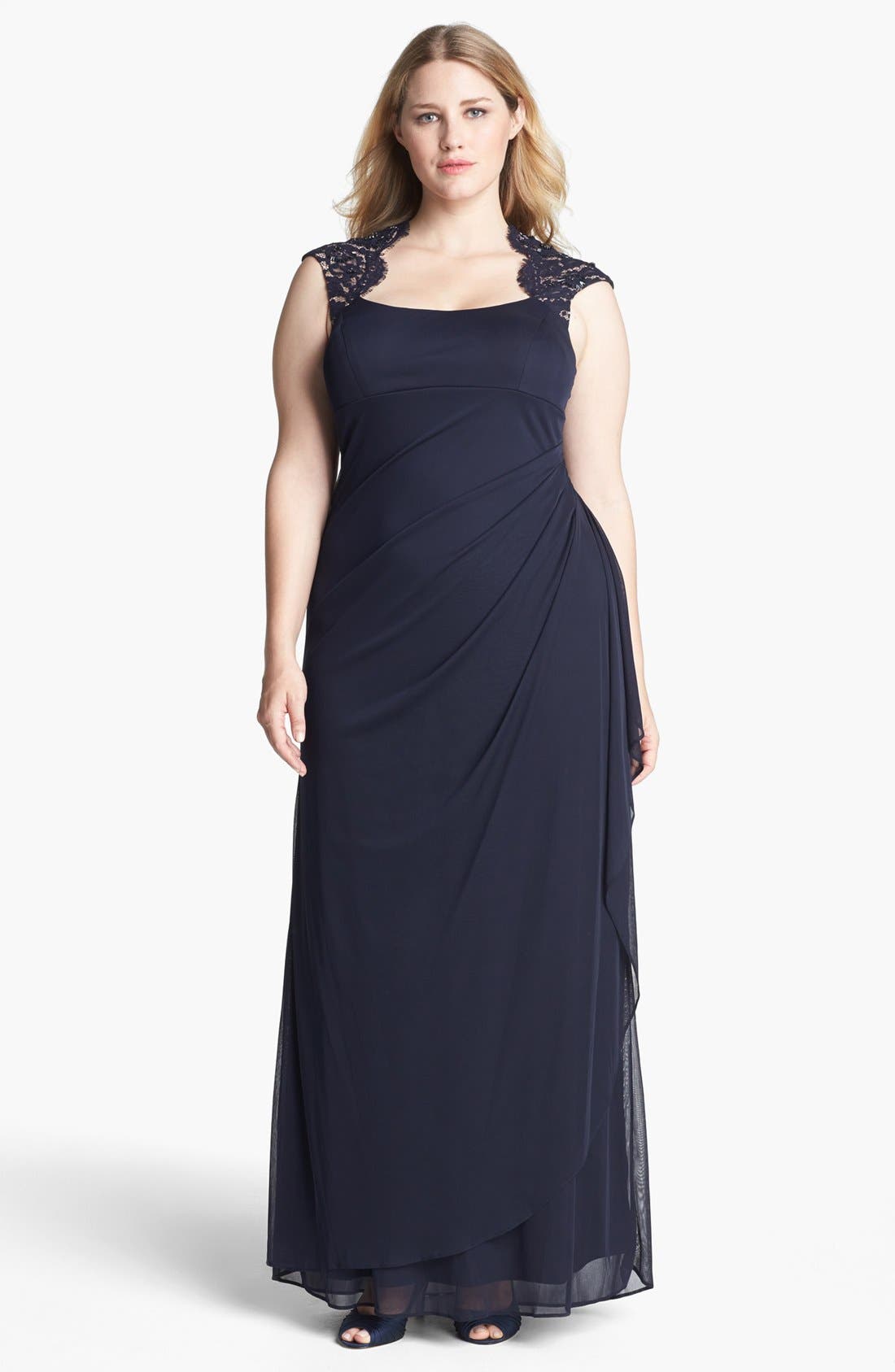 Xscape Embellished Lace Yoke Draped Mesh Gown (Plus Size) Nordstrom