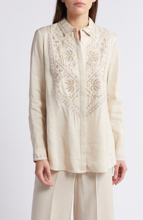 Shop Kobi Halperin Genevieve Eyelet Accent Linen Blend Button-up Shirt In Shell