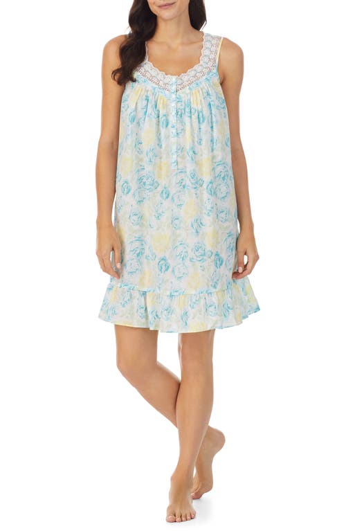 Eileen West Short Cotton Lawn Nightgown in Aqua Fl at Nordstrom, Size X-Small