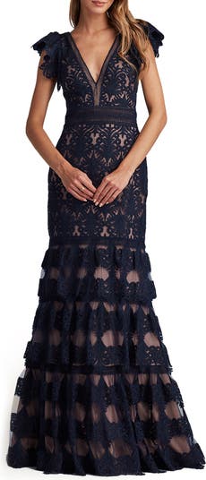 Tadashi Shoji Flutter Sleeve Tiered Plunge Neck Gown Nordstrom