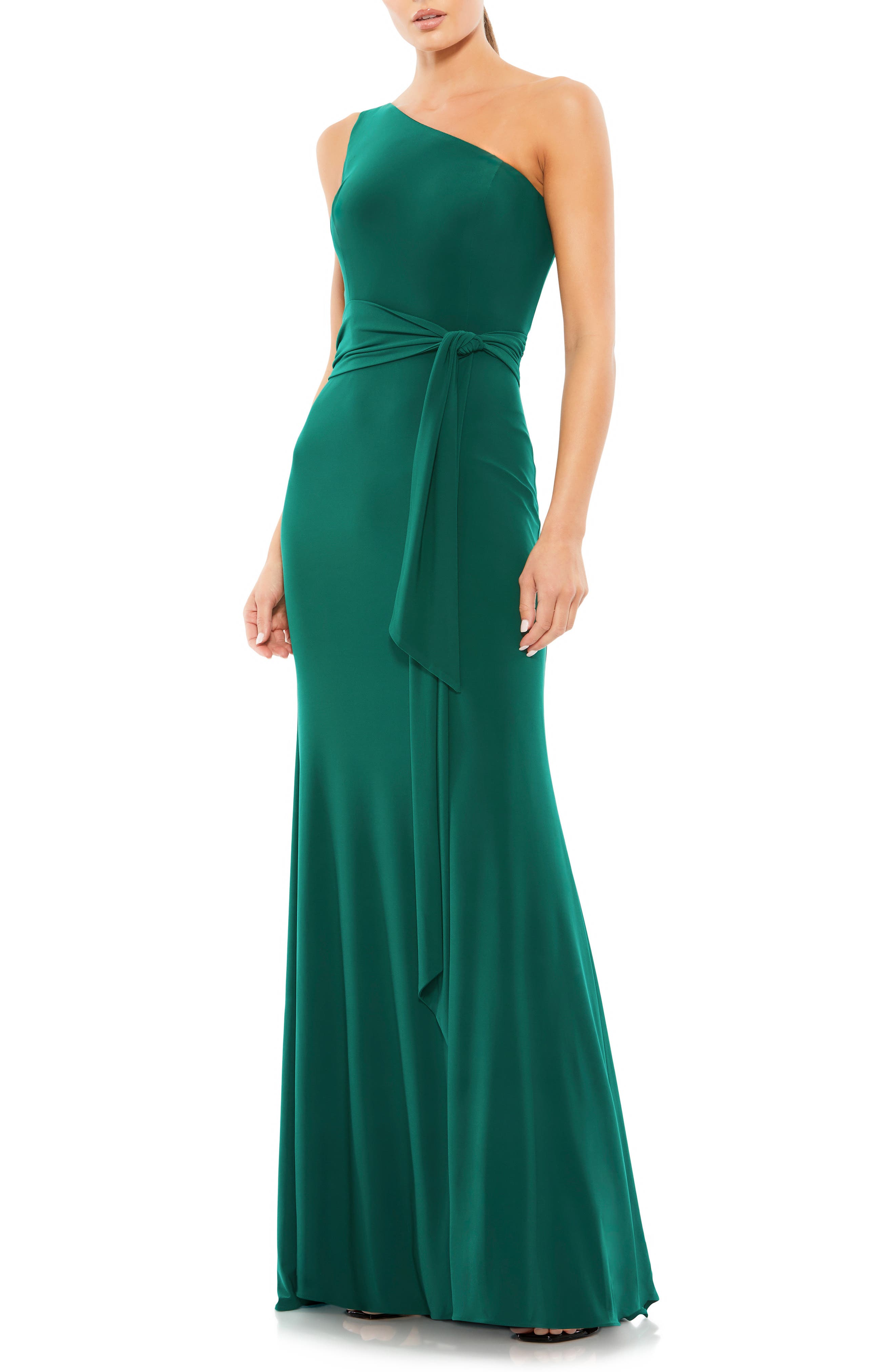 one shoulder emerald green gown