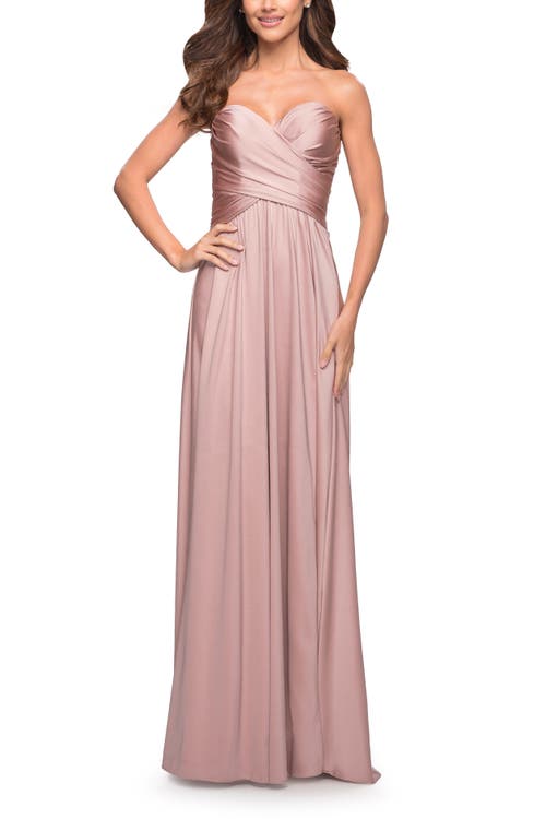 Shop La Femme Simple Strapless Jersey Dress With High Slit In Mauve