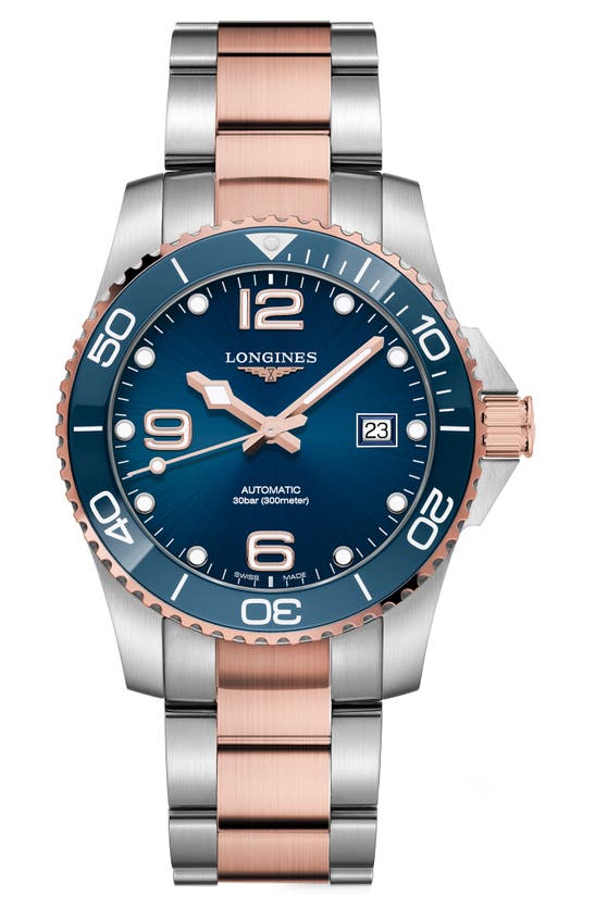 Shop Longines Hydroconquest Automatic Bracelet Watch, 41mm In Blue/ Rose Gold