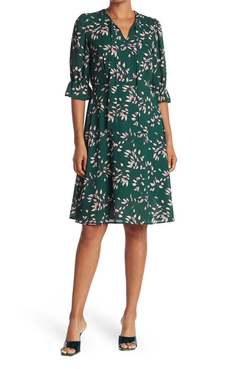 PLEIONE Printed Neck Tie Dress, Main, color, GREEN FOREST
