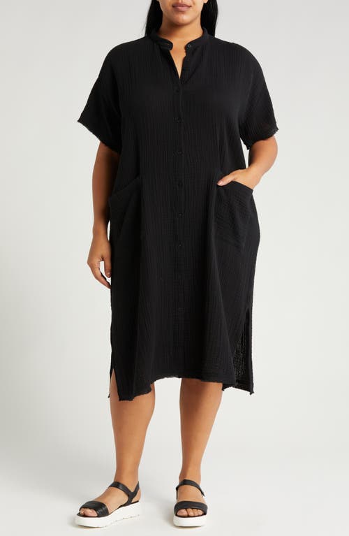 Shop Eileen Fisher Mandarin Collar Organic Cotton Midi Shirtdress In Black