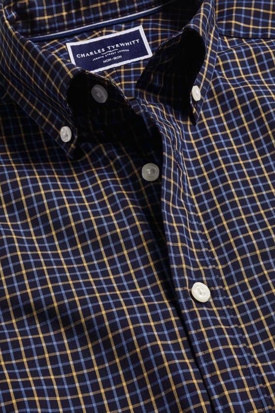 Charles Tyrwhitt Slim Fit Button-down Collar Non-iron Stretch Poplin Check Shirt In Gold