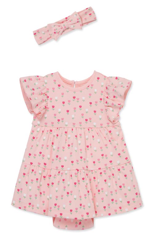 Little Me Tulip Print Cotton Skirted Bodysuit & Headband Set Pink at Nordstrom,