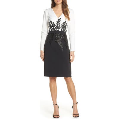 Tadashi Shoji Beaded Long Sleeve Cocktail Dress, Black
