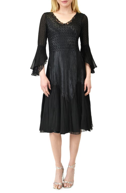 Bell Sleeve Chiffon & Lace A-Line Dress in Black