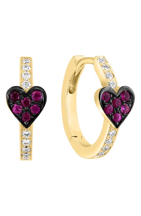 14K Yellow Gold Diamond & Ruby Heart Hoop Earrings
