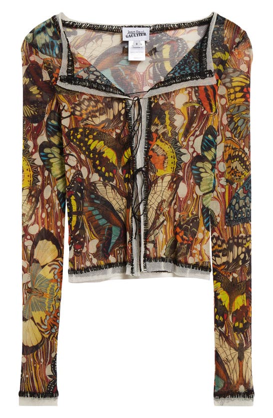 Shop Jean Paul Gaultier Butterfly Print Tie Front Mesh Cardigan In Yellow/ Multicolor