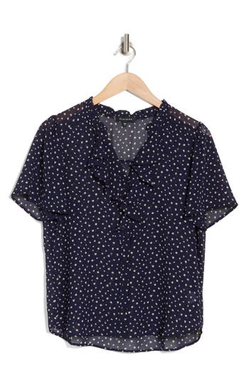 Pleione Ruffle Front Button Top In Blue