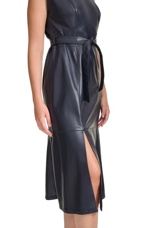 Shop Calvin Klein Faux Leather Sleeveless Belted Midi Dress In Indigo
