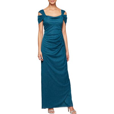 Petite Alex Evenings Cold Shoulder Ruffle Glitter Gown, Blue/green