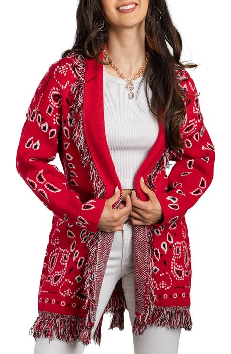 Lucky Brand Women's Long Ikat Open Front Cardigan Sweater, red/Multi, XS at   Women's Clothing store