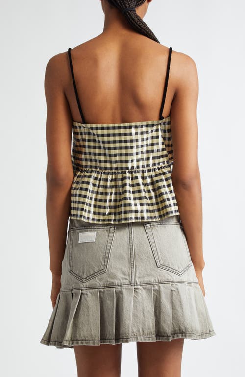 Shop Ganni Shiny Check Print Peplum Top In Lemon Icing