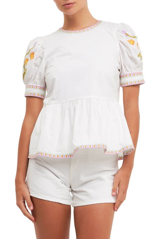 Shop English Factory Embroidered Peplum Cotton Top In Ivory/multi