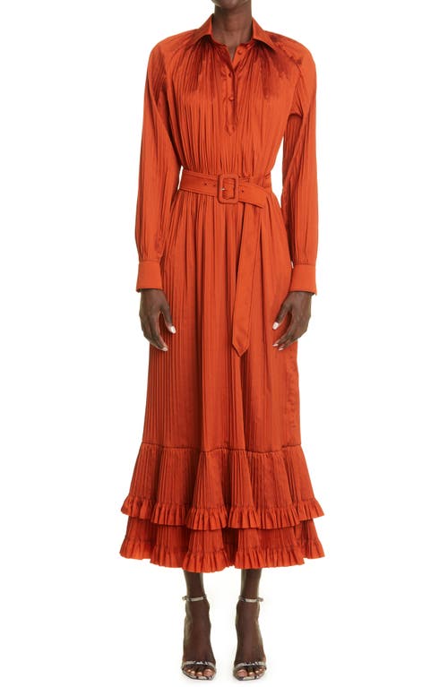 Brandon Maxwell Pleated Belted Long Sleeve Satin Dress in Cayenne