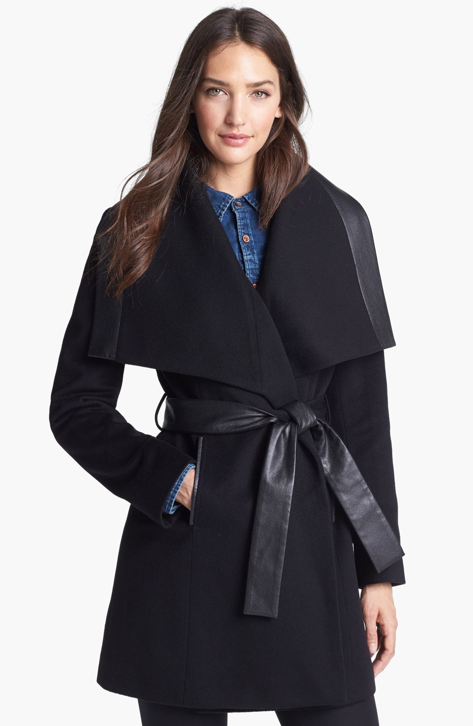 Elie Tahari 'Marina' Leather Trim Belted Wrap Coat | Nordstrom