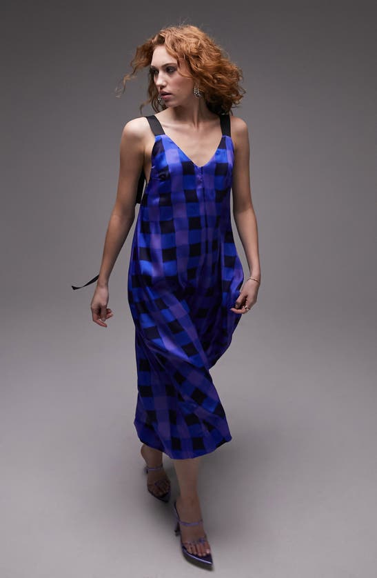 Shop Topshop Check Satin Slipdress In Mid Blue