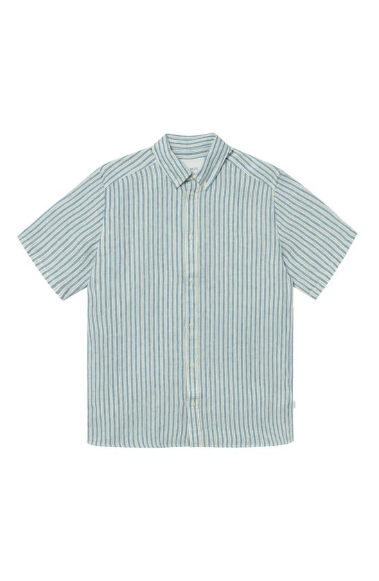 Shop Les Deux Kris Short Sleeve Linen Button-down Shirt In Washed Denim Blue/ivory