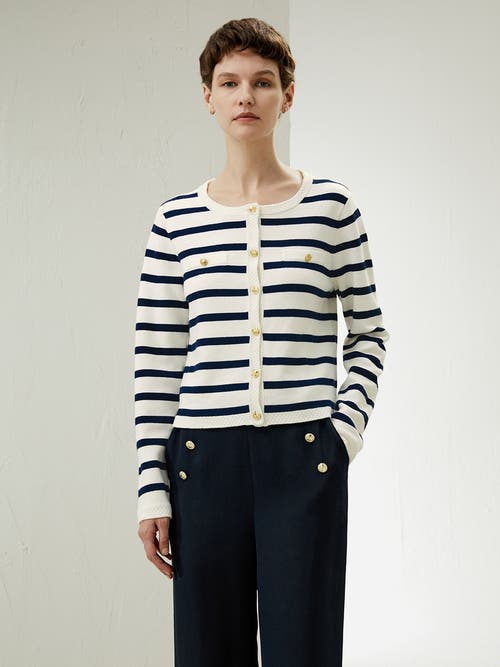 Shop Lilysilk Gariana Striped Wool Cardigan In Navy