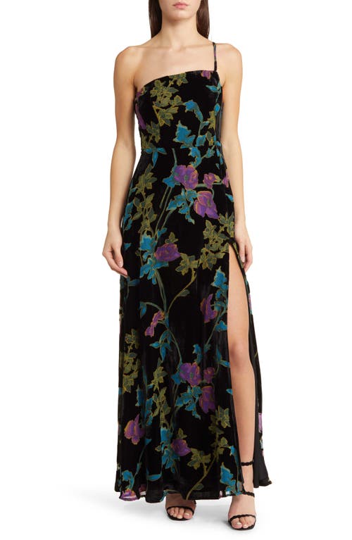 Luxurious Romance Floral Velvet Burnout One-Shoulder Gown in Black Floral Burnout