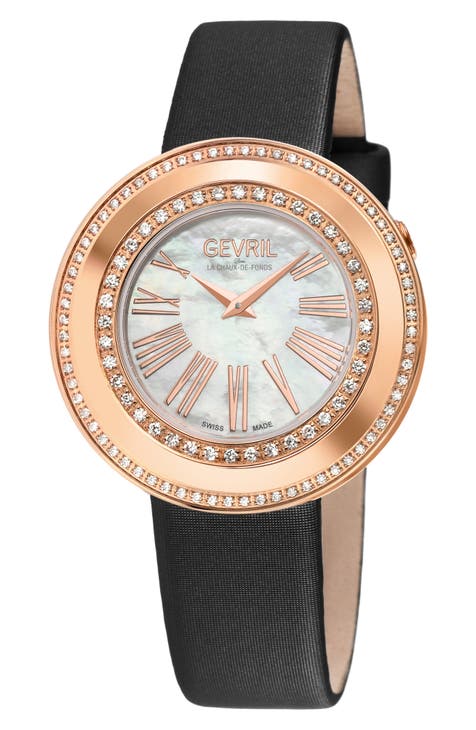 Gandria Mother of Pearl Dial Diamond Leather Strap Watch, 36mm - 0.8424ct.