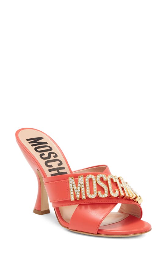 Shop Moschino Crystal Embellished Leather Mule Sandal In Orange