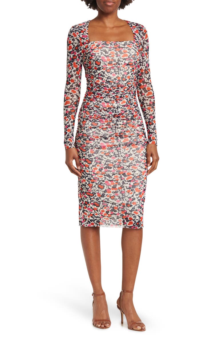 Tommy Hilfiger Ruched Floral Mesh Midi Dress | Nordstromrack