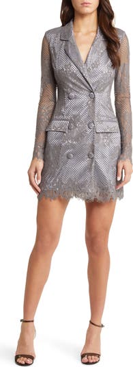 Lace Overlay Metallic Long Sleeve Blazer Minidress