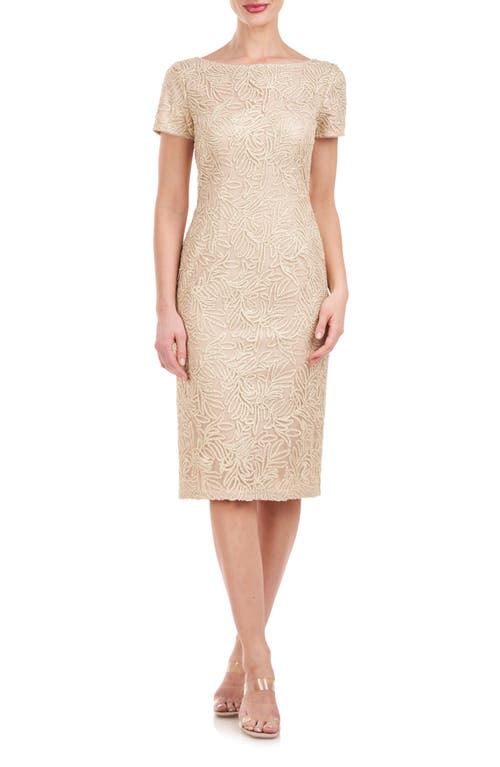 JS Collections Scarlet Beaded Leaf Print Cocktail Dress in Champagne