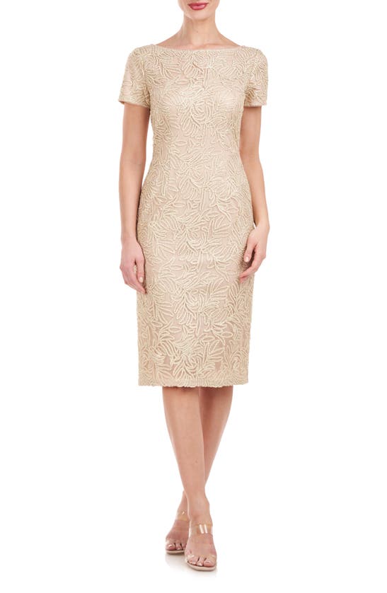 Js Collections Scarlet Beaded Leaf Print Cocktail Dress In Champagne