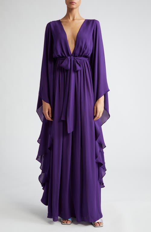 Plunge Neck Cape Sleeve Silk Gown in Purple