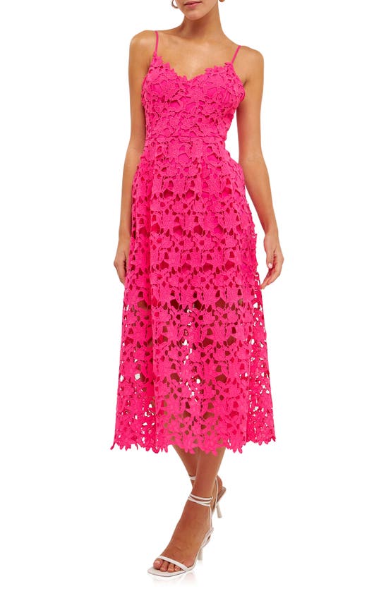 Shop Endless Rose Lace Spaghetti Strap Midi Dress In Fuchsia