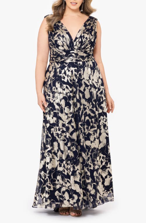 Foil Print Sleeveless Mesh Gown in Navy/Gold
