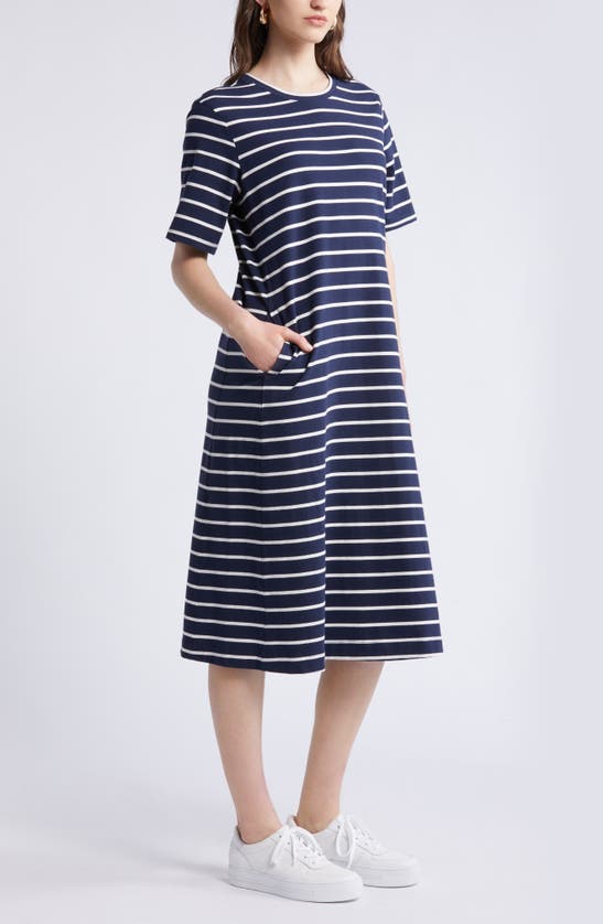 Shop Nordstrom Stretch Cotton Midi T-shirt Dress In Navy Blazer- Ivory Stripe