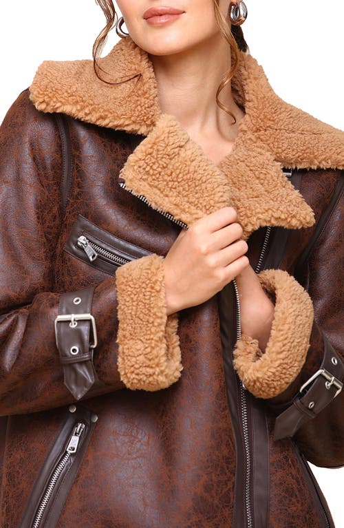 Shop Avec Les Filles Faux Shearling Biker Jacket In Luggage