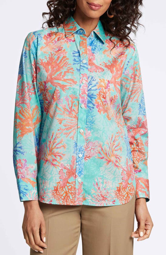 Shop Foxcroft Meghan Coral Print Cotton Button-up Shirt In Blue Multi