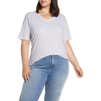 Plus Size Eileen Fisher V-Neck Stripe Organic Cotton Tee, White