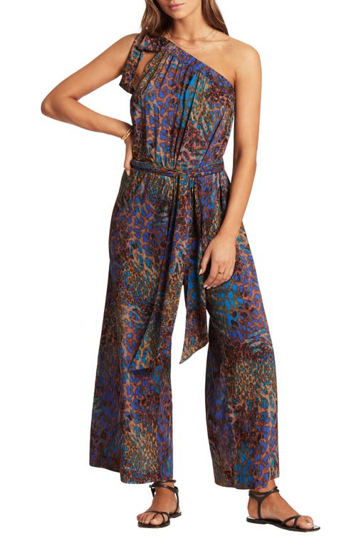 One-Shoulder Tie Waist Cover-Up Jumpsuit in Blue